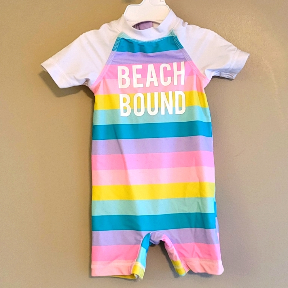 "Beach Bound" striped pastel colored  rashguard swimsuit